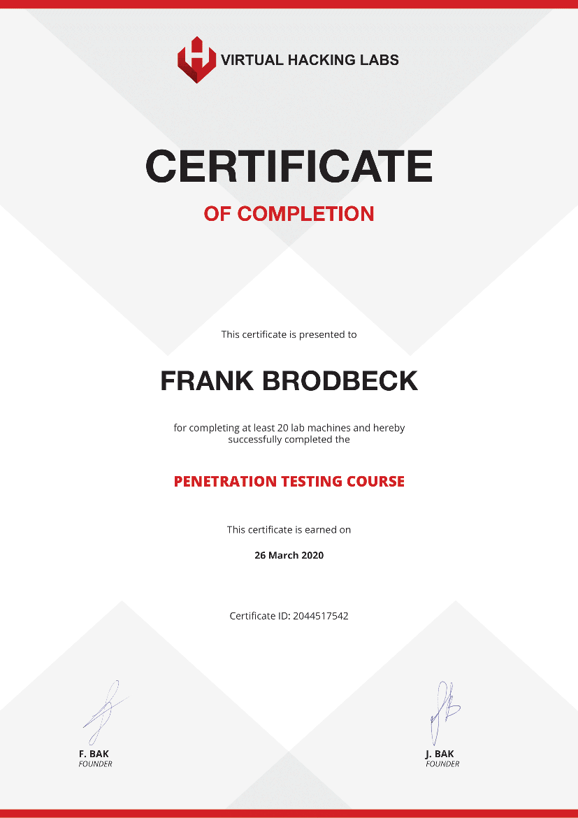 Virtual Hacking Labs Certificate of Completion